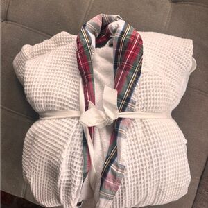 Pottery Barn White Robe with Multicolor Plaid Trim. One size and NWT.